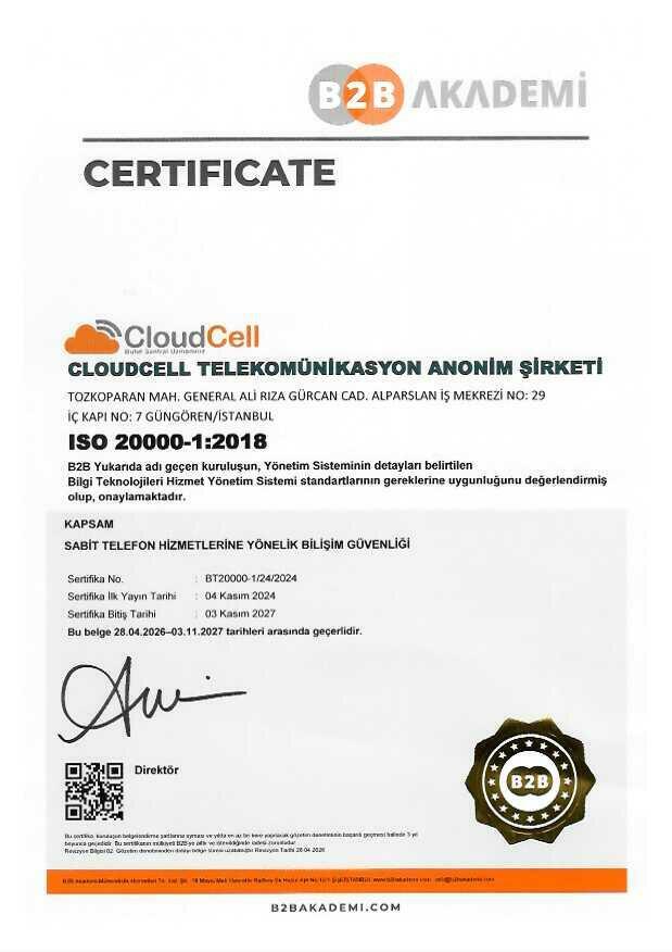 ISO 20000-1 Hizmet Yönetim Sistemi belgesi